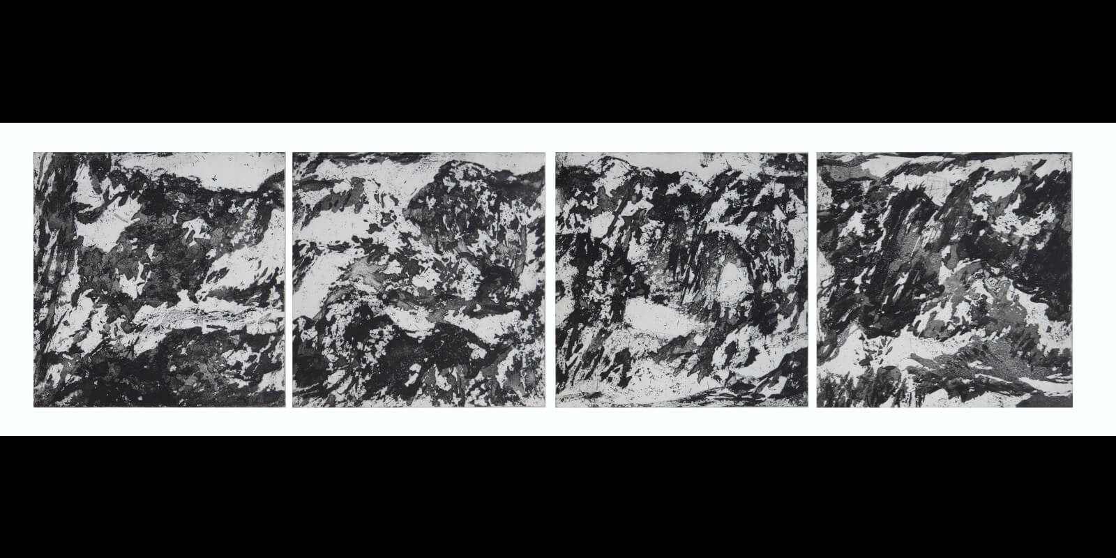 les sommets I,II,III,IV 4 aquatintes au sucre sur cuivre - 20 x 20 tirées sur BFK rives 60 x 80 - 2019 © Corinne Leforestier
