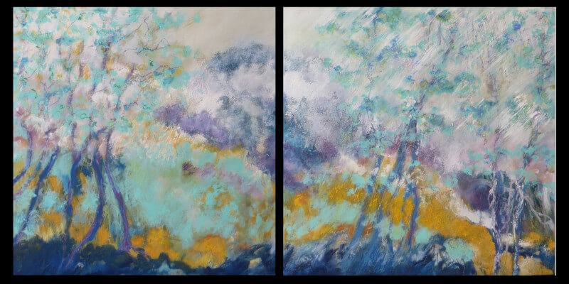 pluie printanière- technique mixte sur toile- diptyque - 2 x 60 x 60-2016© Corinne Leforestier