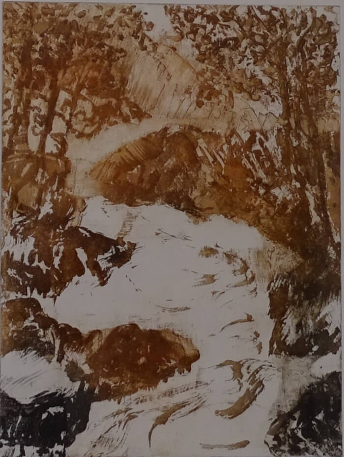 2025_gravure_Au fil de eau entre arbres et rochers II_40 x 30_ sur papier laurier 50 x 70_couleur_sepia