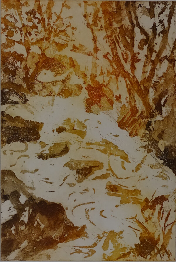 2025_gravure_Au frais dans le ravin I _30 x 20_ sur papier laurier 50 x 40_couleur