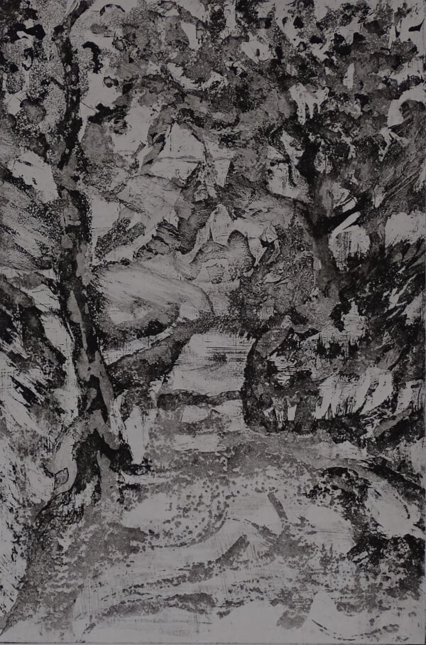 2025_gravure_Au frais dans le ravin II _30 x 20_ sur papier laurier 50 x 40_NB