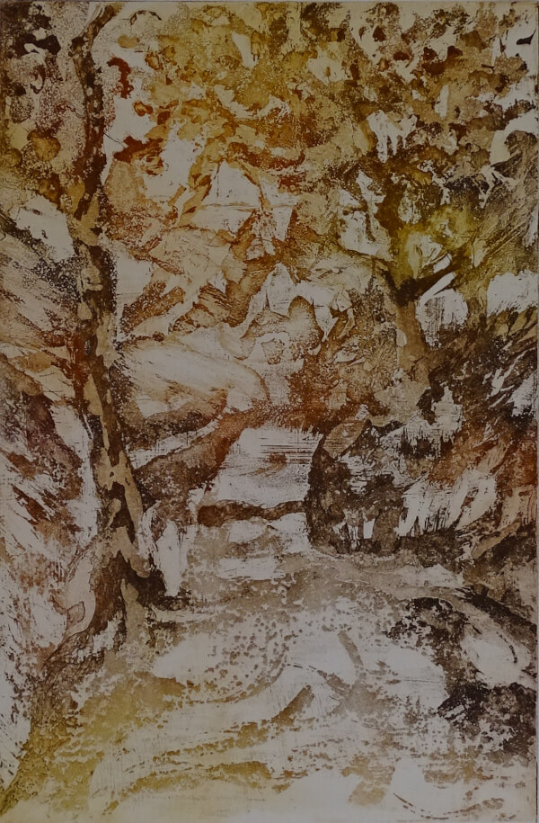 2025_gravure_Au frais dans le ravin II _30 x 20_ sur papier laurier 50 x 40_couleur