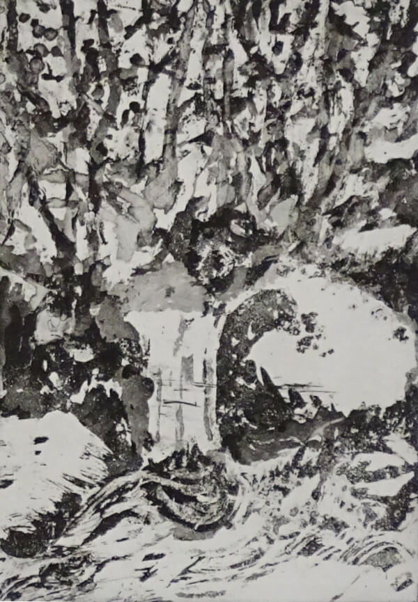 2025_gravure_Au frais dans le ravin III _30 x 20_ sur papier laurier 50 x 40_NB