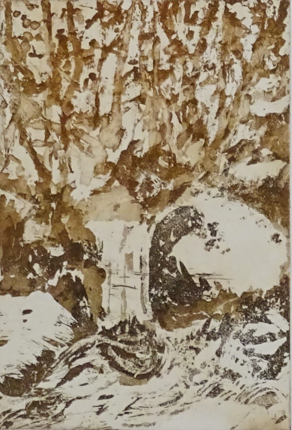 2025_gravure_Au frais dans le ravin III _30 x 20_ sur papier laurier 50 x 40_couleur_sepia