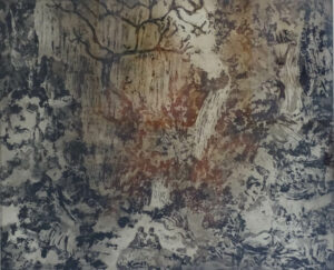 Dans le ravin, au bord de la cascade_gravure_40 x 50_corinne leforestier