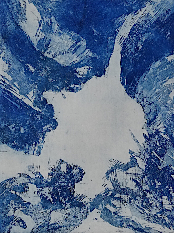 Lac glacière, aquatinte au sucre sur cuivre représentant un lac – monotype bleu _Corinne Leforestier