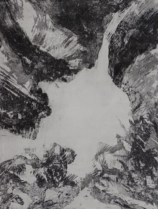 Lac glacière, aquatinte au sucre sur cuivre représentant un lac – monotype noir _Corinne Leforestier