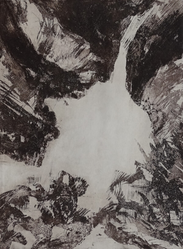 Lac glacière, aquatinte au sucre sur cuivre représentant un lac – monotype sépia _Corinne Leforestier