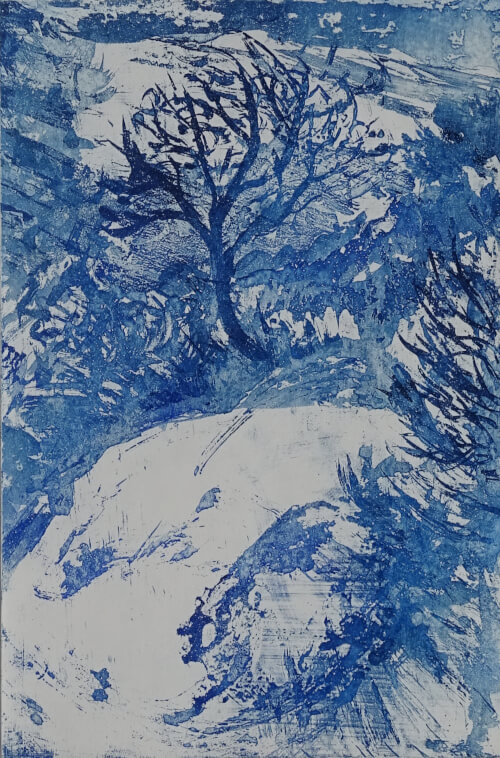 arbre, aquatinte au sucre sur cuivre représentant un arbre au dessus d'un ravin, monotype bleu _Corinne Leforestier