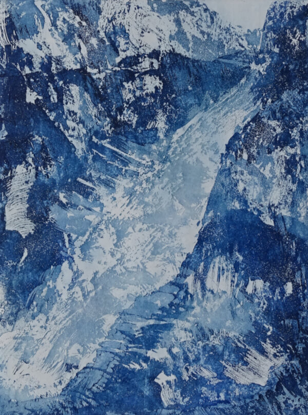 avalanche, aquatinte au sucre sur cuivre représentant une avalanche – monotype bleu _Corinne Leforestier