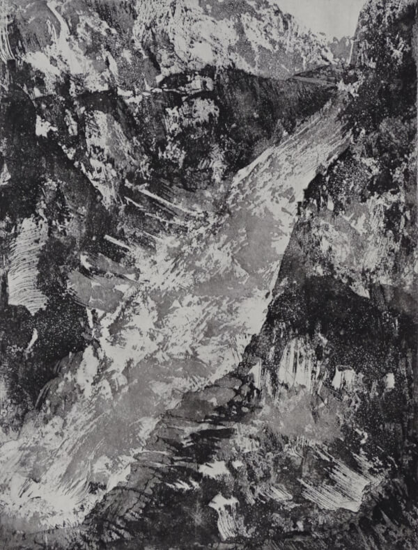 avalanche, aquatinte au sucre sur cuivre représentant une avalanche – monotype sepia - Corinne Leforestier