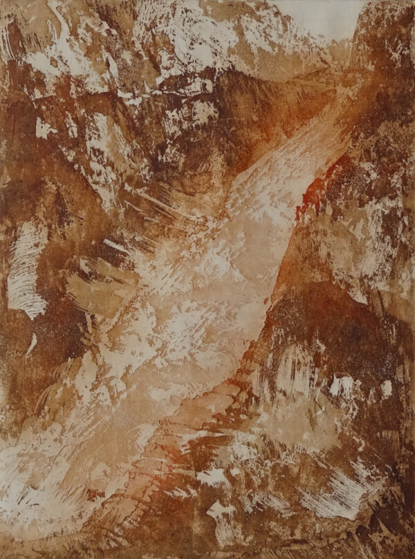 avalanche, aquatinte au sucre sur cuivre représentant une avalanche – monotype ocre rouge _Corinne Leforestier