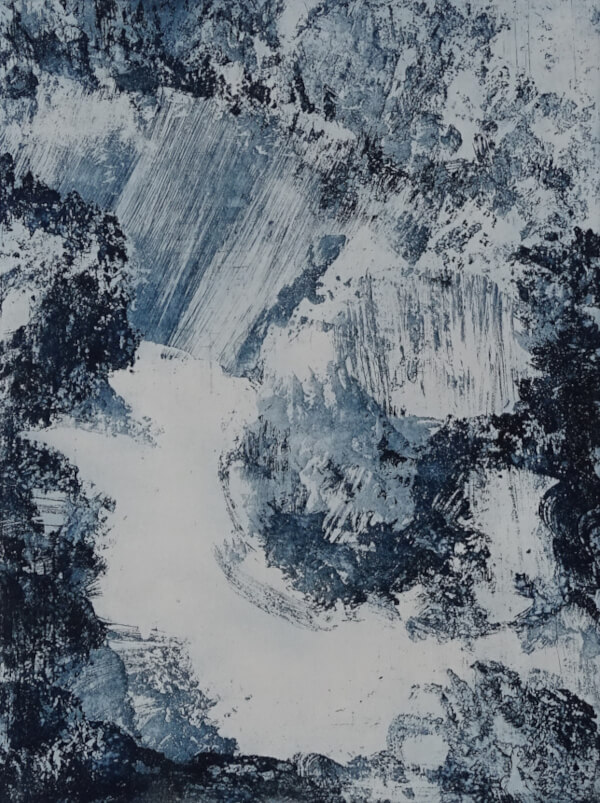 glacier, aquatinte au sucre sur cuivre représentant un couloir de glacier – monotype bleu _Corinne Leforestier