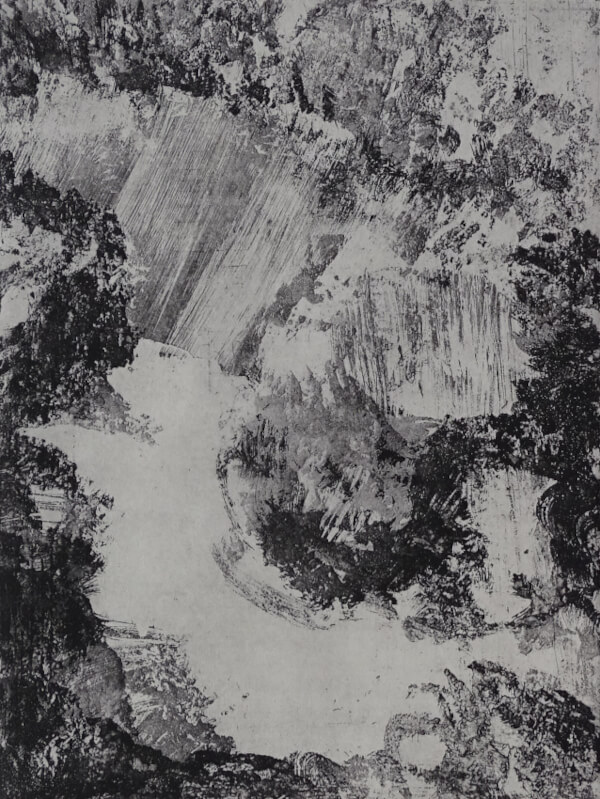 glacier, aquatinte au sucre sur cuivre représentant un couloir de glacier – monotype noir _Corinne Leforestier
