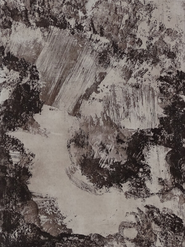 glacier, aquatinte au sucre sur cuivre représentant un couloir de glacier – monotype sépia _Corinne Leforestier