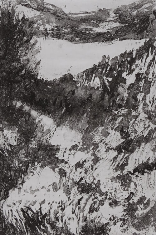 Lac, aquatinte au sucre sur cuivre représentant un lac derrière une ravine, monotype noir _Corinne Leforestier