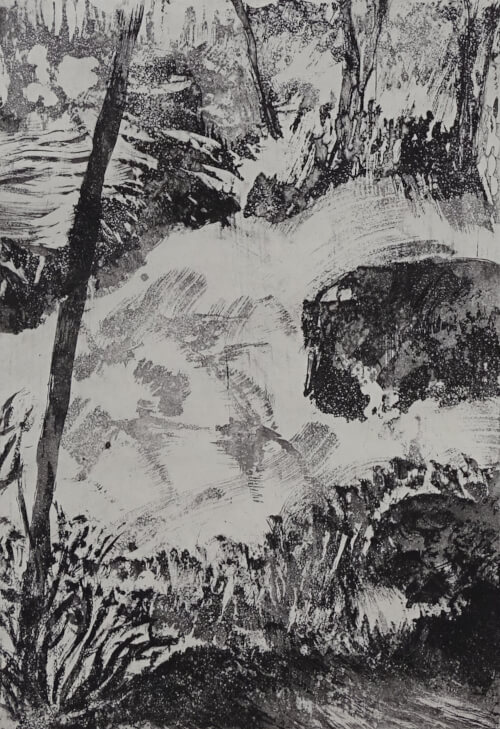 ruisseau II, aquatinte au sucre sur cuivre représentant un ruisseau entre arbres et rochers, monotype bleu _Corinne Leforestier