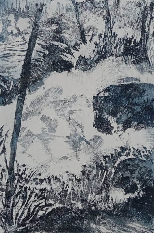 ruisseau II, aquatinte au sucre sur cuivre représentant un ruisseau entre arbres et rochers, monotype bleu nuit _Corinne Leforestier