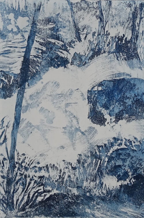 ruisseau II, aquatinte au sucre sur cuivre représentant un ruisseau entre arbres et rochers, monotype bleu _Corinne Leforestier