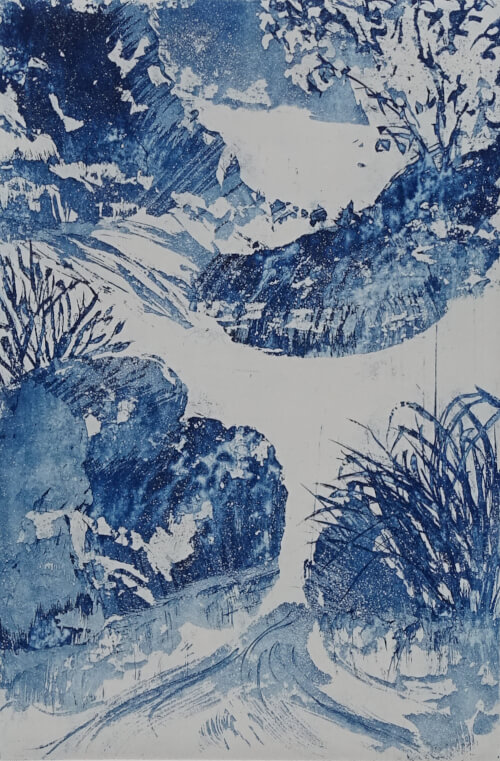 ruisseau I, aquatinte au sucre sur cuivre représentant une embouchure de ruisseaux, monotype bleu _Corinne Leforestier