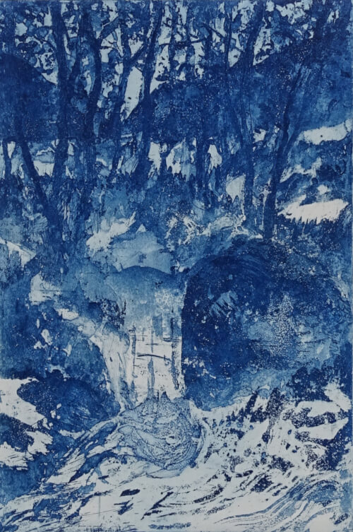 ruisseau III, aquatinte au sucre sur cuivre représentant une cascade de ruisseau sous les arbres, monotype bleu _Corinne Leforestier
