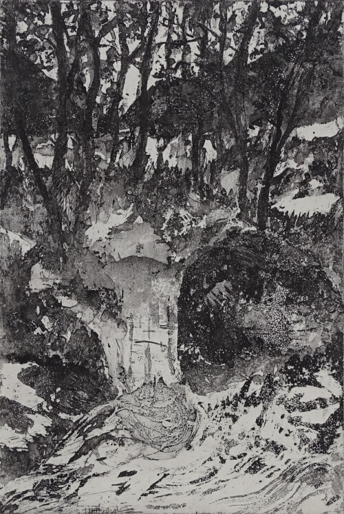 ruisseau III, aquatinte au sucre sur cuivre représentant une cascade de ruisseau sous les arbres, monotype noir _Corinne Leforestier
