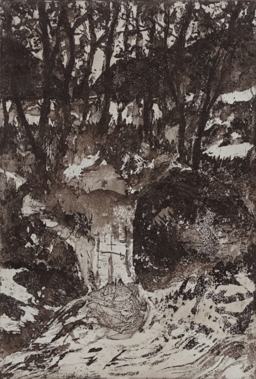 ruisseau III, aquatinte au sucre sur cuivre représentant une cascade de ruisseau sous les arbres, monotype sépia _Corinne Leforestier