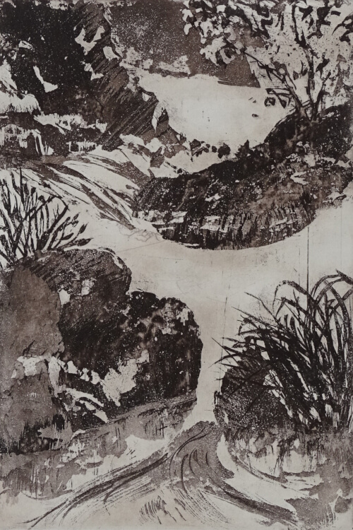 ruisseau I, aquatinte au sucre sur cuivre représentant une embouchure de ruisseaux, monotype sépia _Corinne Leforestier