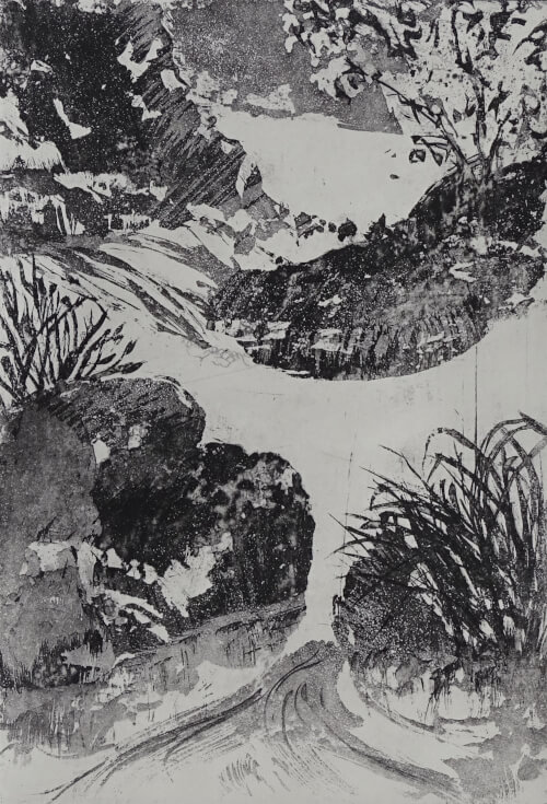 ruisseau I, aquatinte au sucre sur cuivre représentant une embouchure de ruisseaux, monotype noir _Corinne Leforestier