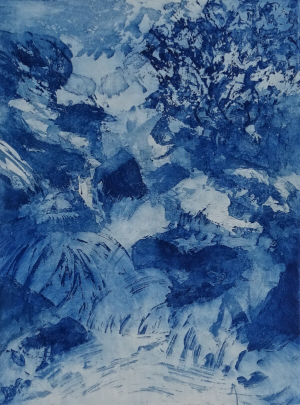 torrent, aquatinte au sucre sur cuivre représentant un ravin avec torrent, arbres et rochers– monotype bleu _Corinne Leforestier