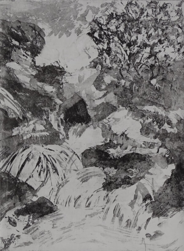 torrent, aquatinte au sucre sur cuivre représentant un ravin avec torrent, arbres et rochers– monotype noir _Corinne Leforestier