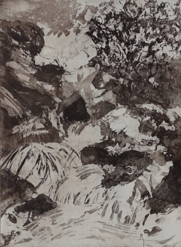torrent, aquatinte au sucre sur cuivre représentant un ravin avec torrent, arbres et rochers– monotype sepia _Corinne Leforestier